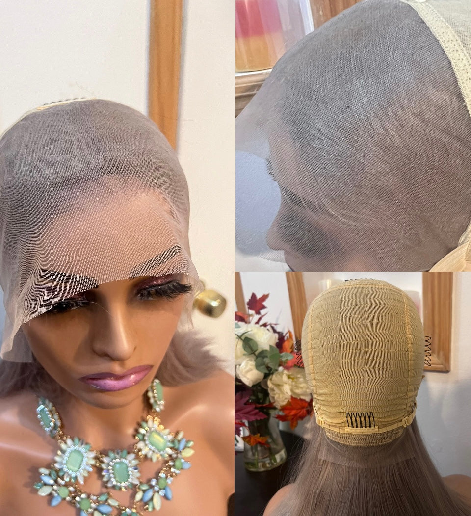 13x4 Fabulous Silver Gray Brazilian Straight Bobs in Swiss Full Lace Frontal Wig Grade 12A 100% Human Hair