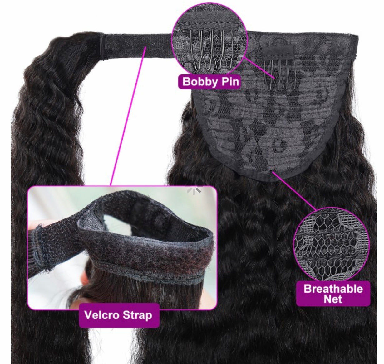 #1B Natural Black Kinky (Yaki) Straight Ponytail Extension Grade 12A 100% Brazilian Virgin Human Hair Bundles 100g