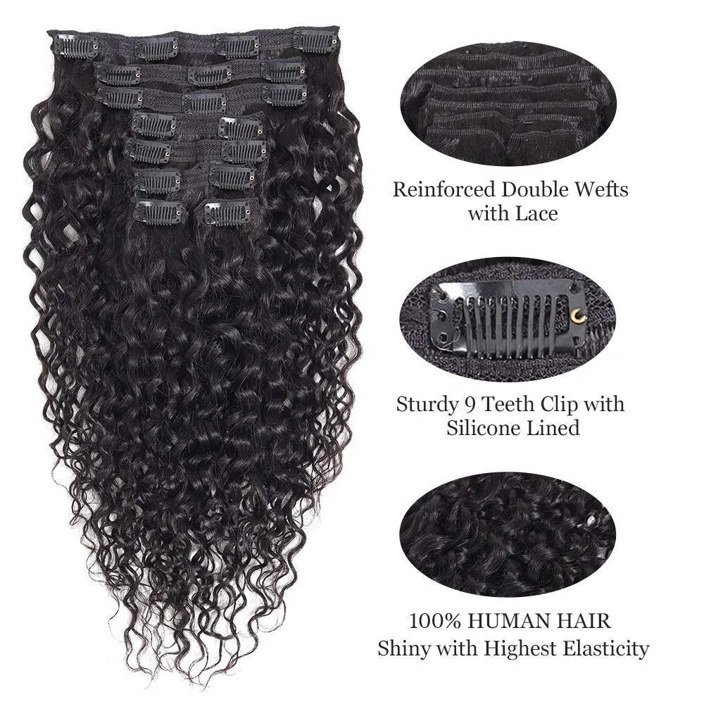 Water Wave Clip-in Extension #1B 100 Grams Grade 12A 100% Brazilian Human Hair
