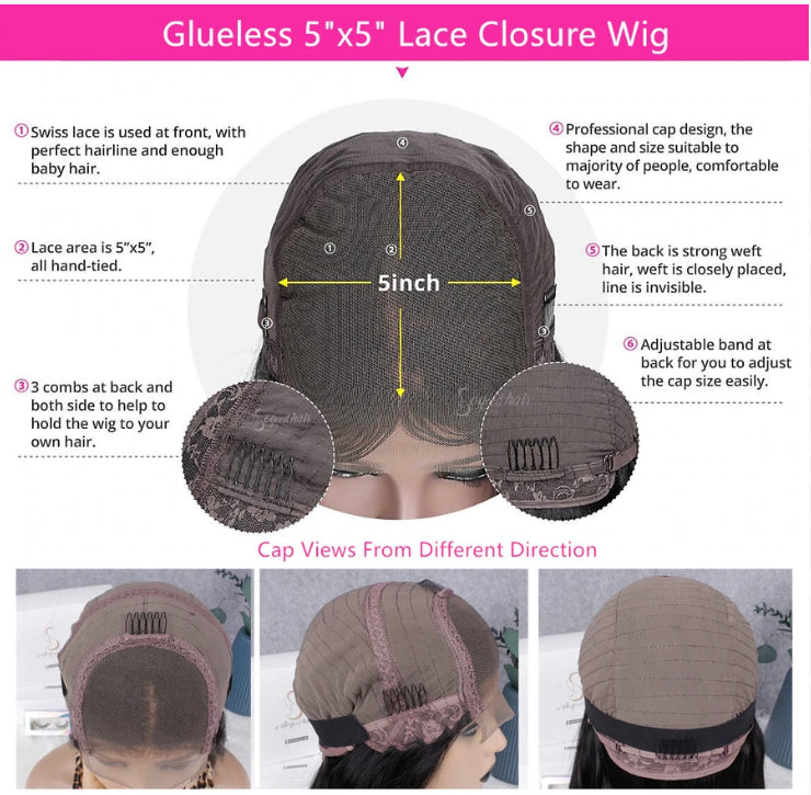 5x5 #1B Black Wavy Lace Closure Wig 150% 180% Density