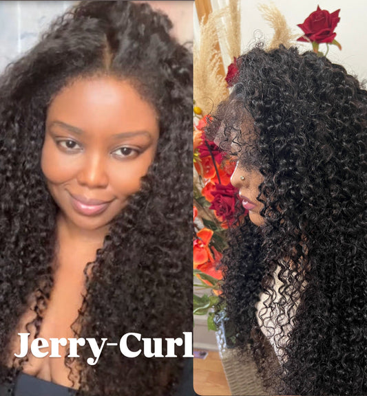 13x4 1B Black Jerry Curly Wigs with 4C Hairline | Swiss Full Lace Grade 12A Frontal Wig 100% Virgin Human Hair