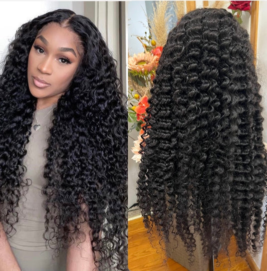 13x4 1B Black Deep Curl 4c Edge Wig Jerry Curly 4c Edge Wig| Deep Wave Wig | Swiss Transparent Lace Frontal Wigs Grade 12A 100% Virgin Human Hair