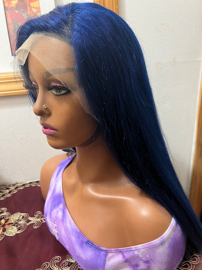 13x4 Royal Blue Straight Swiss Lace Grade 12A Frontal Wig 100% Brazilian Human Hair