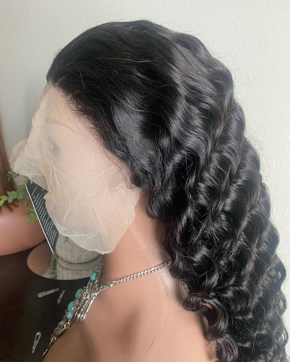 Deep Wave Human Hair Wig – 13x4 Swiss Lace Frontal, Natural Black