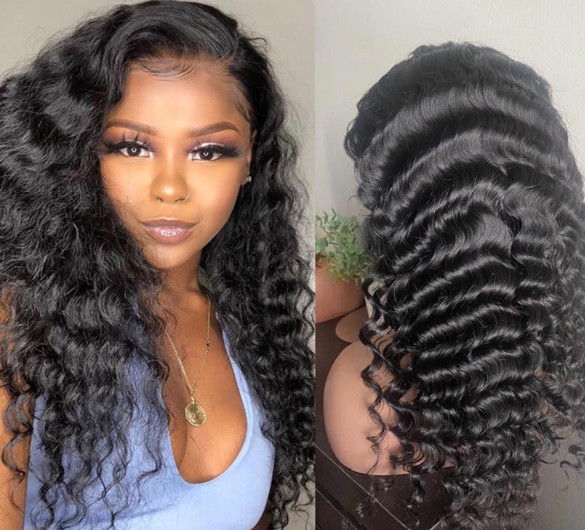 Deep Wave Human Hair Wig – 13x4 Swiss Lace Frontal, Natural Black