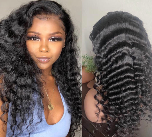 Deep Wave Human Hair Wig – 13x4 Swiss Lace Frontal, Natural Black