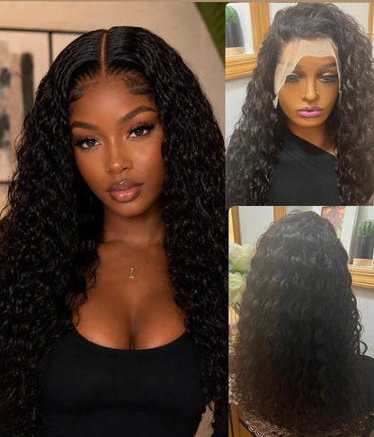 13x4 Water Wave Front Wig | #1B Natural Black | Grade 12A | Swiss Transparent Lace | 100% Virgin Human Hair.