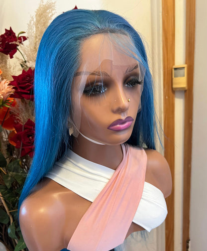 13x4 Sky Blue Straight Swiss Lace Grade 12A Frontal Wig 100% Brazilian Human Hair
