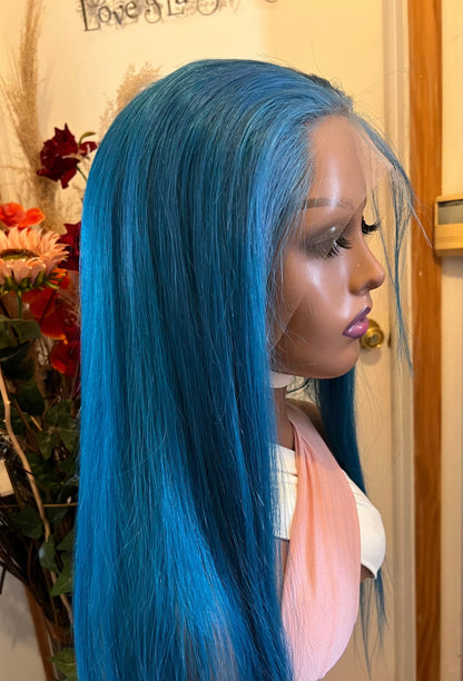 13x4 Sky Blue Straight Swiss Lace Grade 12A Frontal Wig 100% Brazilian Human Hair