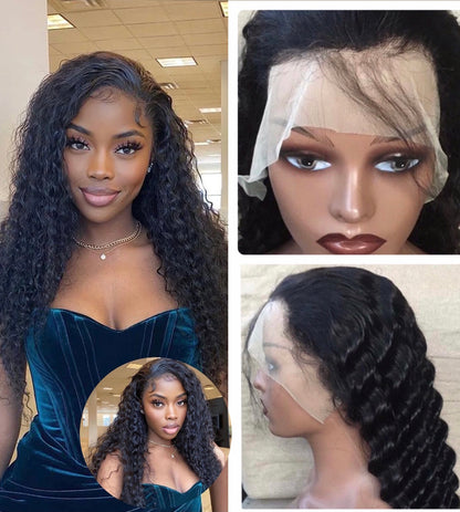Deep Wave Human Hair Wig – 13x4 Swiss Lace Frontal, Natural Black