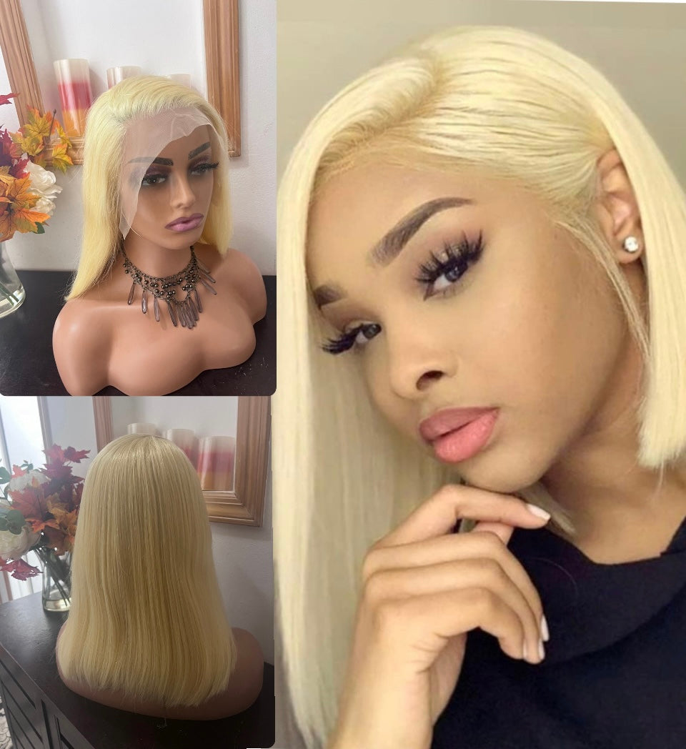 13x4 (613) Straight Blond Bobs Swiss Full Lace Frontal Wig Grade 12A 100% Human Hair