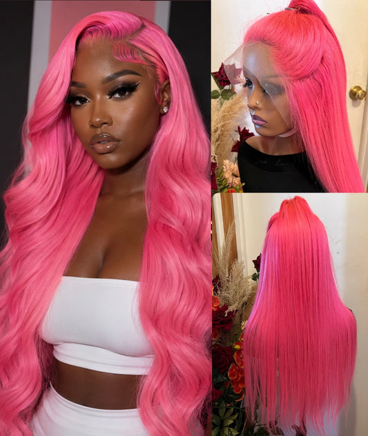 13x4 Barbie Pink Straight Swiss Lace Frontal Wig | Grade 12A Brazilian Human Hair