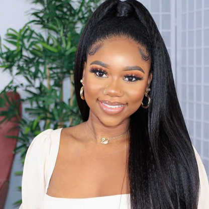 13x4 #1B Black Glueless Kinky Straight Transparent Lace Grade 12A Frontal Wig 100% Brazilian Human Hair