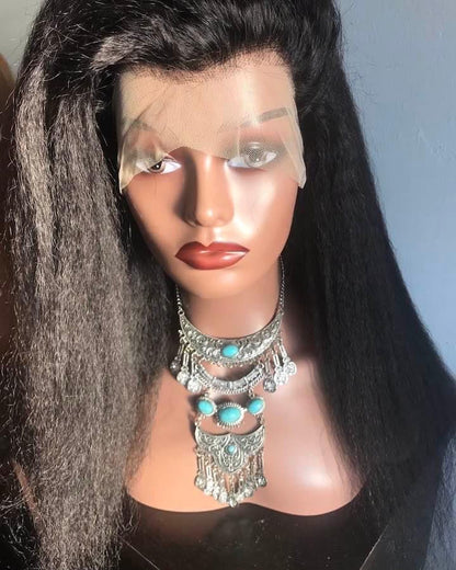 13x4 #1B Black Glueless Kinky Straight Transparent Lace Grade 12A Frontal Wig 100% Brazilian Human Hair