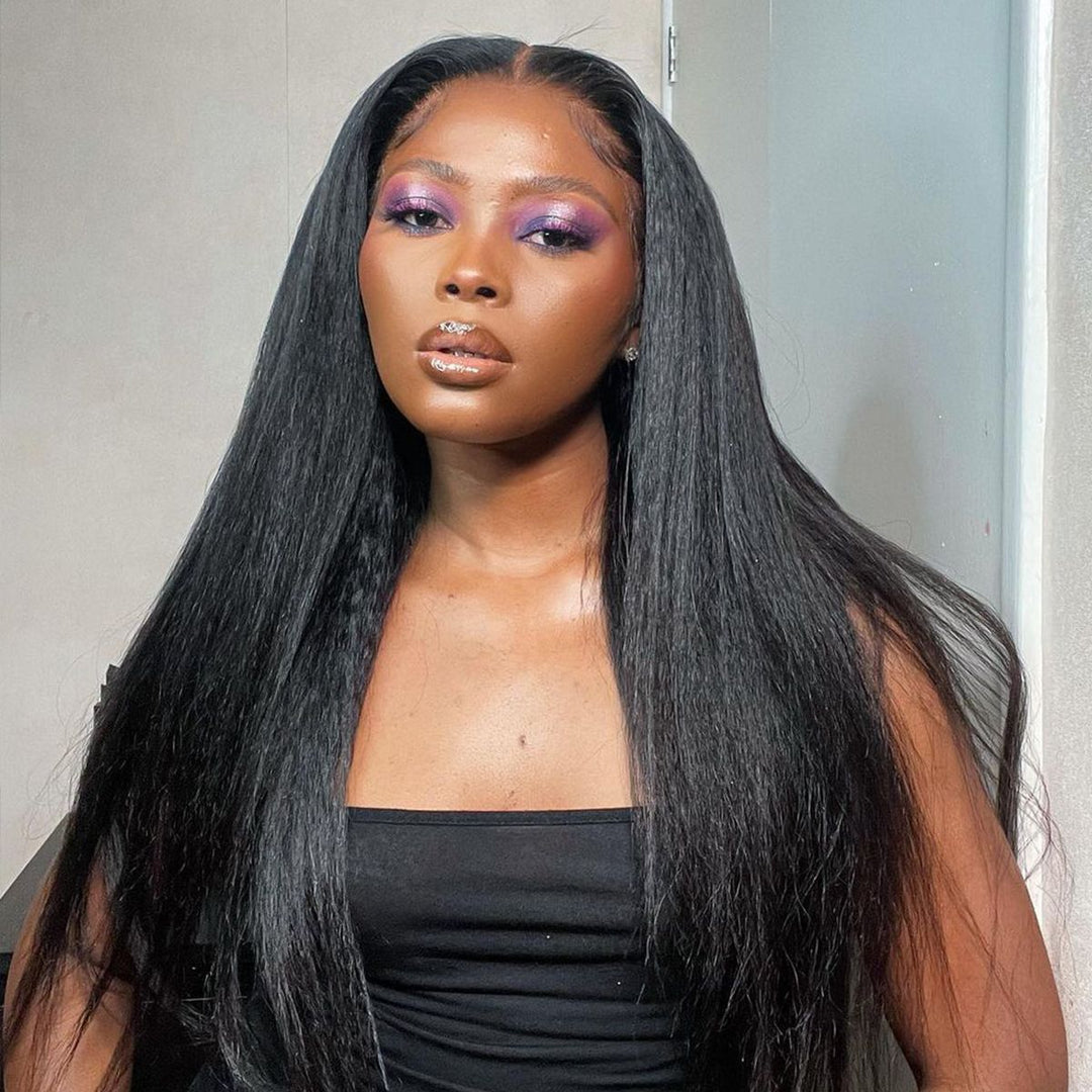 13x4 #1B Black Glueless Kinky Straight Transparent Lace Grade 12A Frontal Wig 100% Brazilian Human Hair