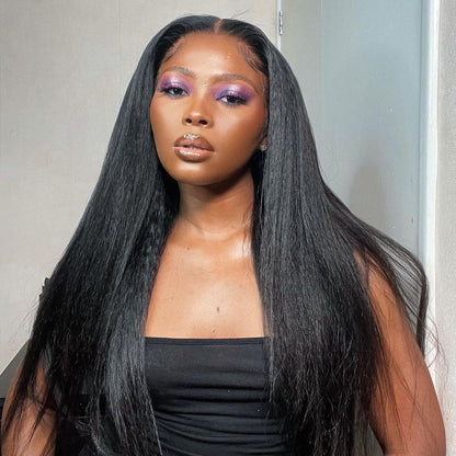 13x4 #1B Black Glueless Kinky Straight Transparent Lace Grade 12A Frontal Wig 100% Brazilian Human Hair