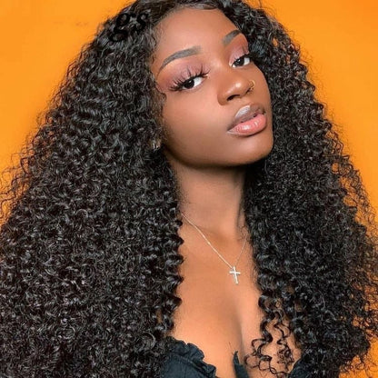 13x4 #1B 12A Kinky Curly Transparent Lace Frontal Wig 100% Brazilian Human Hair