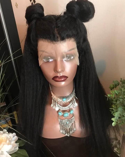 13x4 #1B Black Glueless Kinky Straight Transparent Lace Grade 12A Frontal Wig 100% Brazilian Human Hair