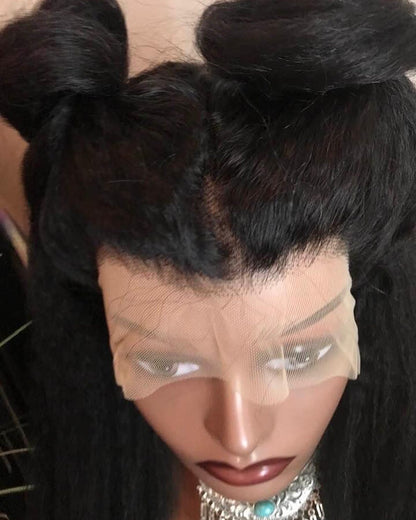 13x4 #1B Black Glueless Kinky Straight Transparent Lace Grade 12A Frontal Wig 100% Brazilian Human Hair