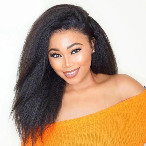 13x4 #1B Black Glueless Kinky Straight Transparent Lace Grade 12A Frontal Wig 100% Brazilian Human Hair