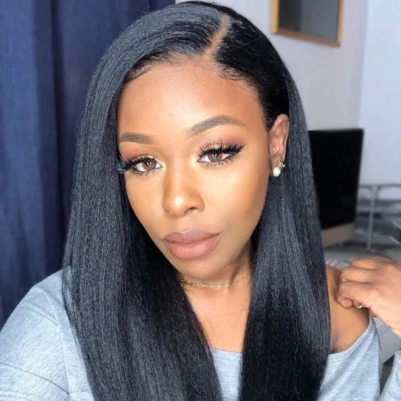 13x4 #1B Black Glueless Kinky Straight Transparent Lace Grade 12A Frontal Wig 100% Brazilian Human Hair